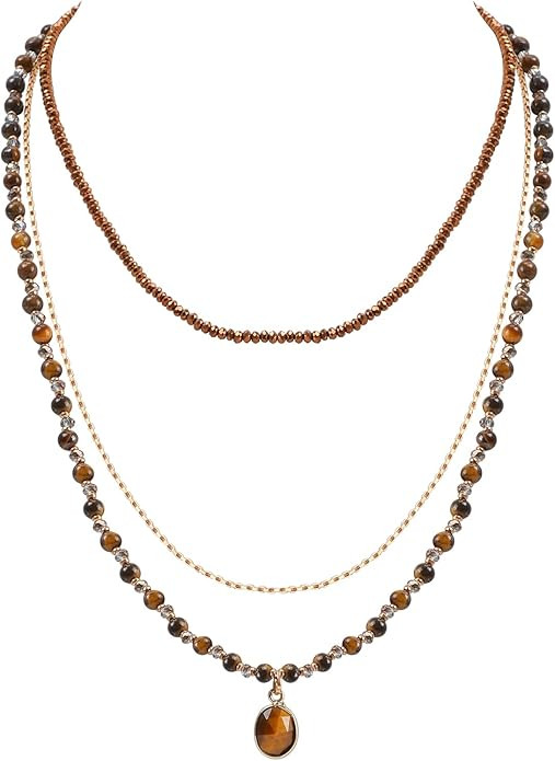 Bohemian Beaded Choker Necklace for Women Girls Multilayered Natural Stone Beads Necklace with St... | Amazon (US)