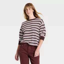 Women's Long Sleeve Vintage T-Shirt - Universal Thread\u2122 Brown Striped M | Target