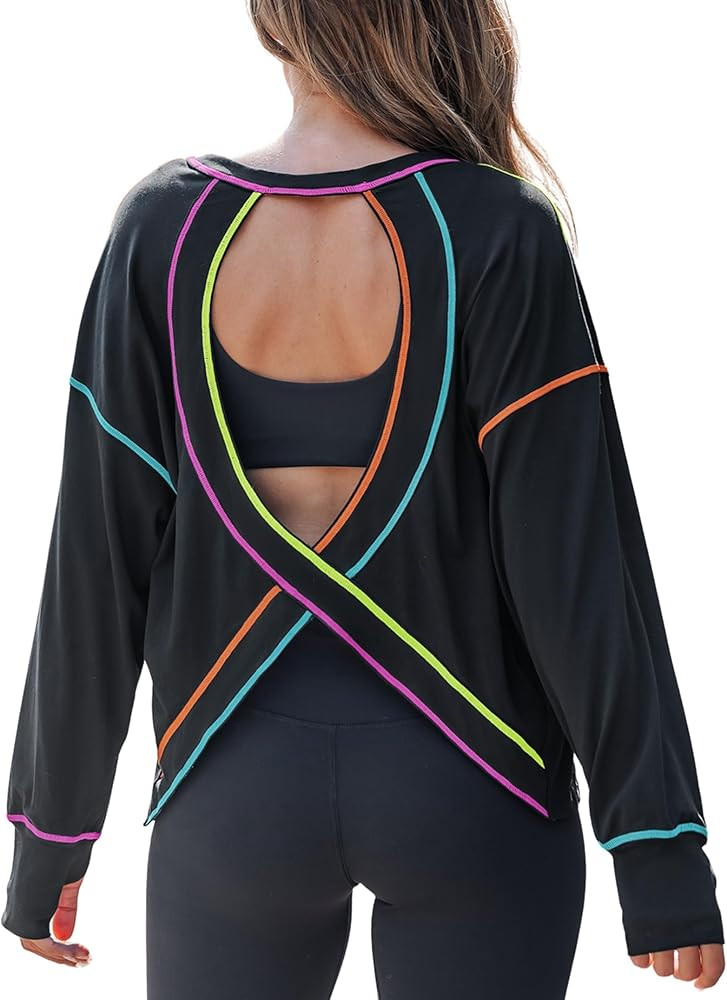popvil Open Back Workout Tops for Women Long Sleeve Lightweight Athletic Shirt for Gym Yoga Hikin... | Amazon (US)