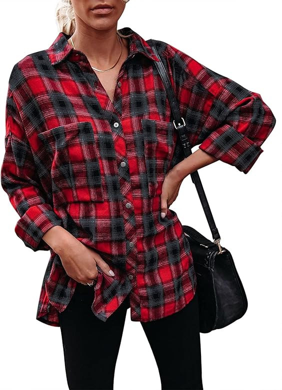 PINKMARCO Women Collar Neck Long Sleeve Oversized Flannel Plaid Shirts Casual Blouse Tops with Pocke | Amazon (US)