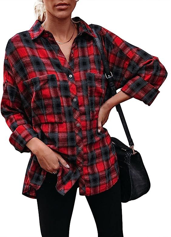 PINKMARCO Women Collar Neck Long Sleeve Oversized Flannel Plaid Shirts Casual Blouse Tops with Po... | Amazon (US)