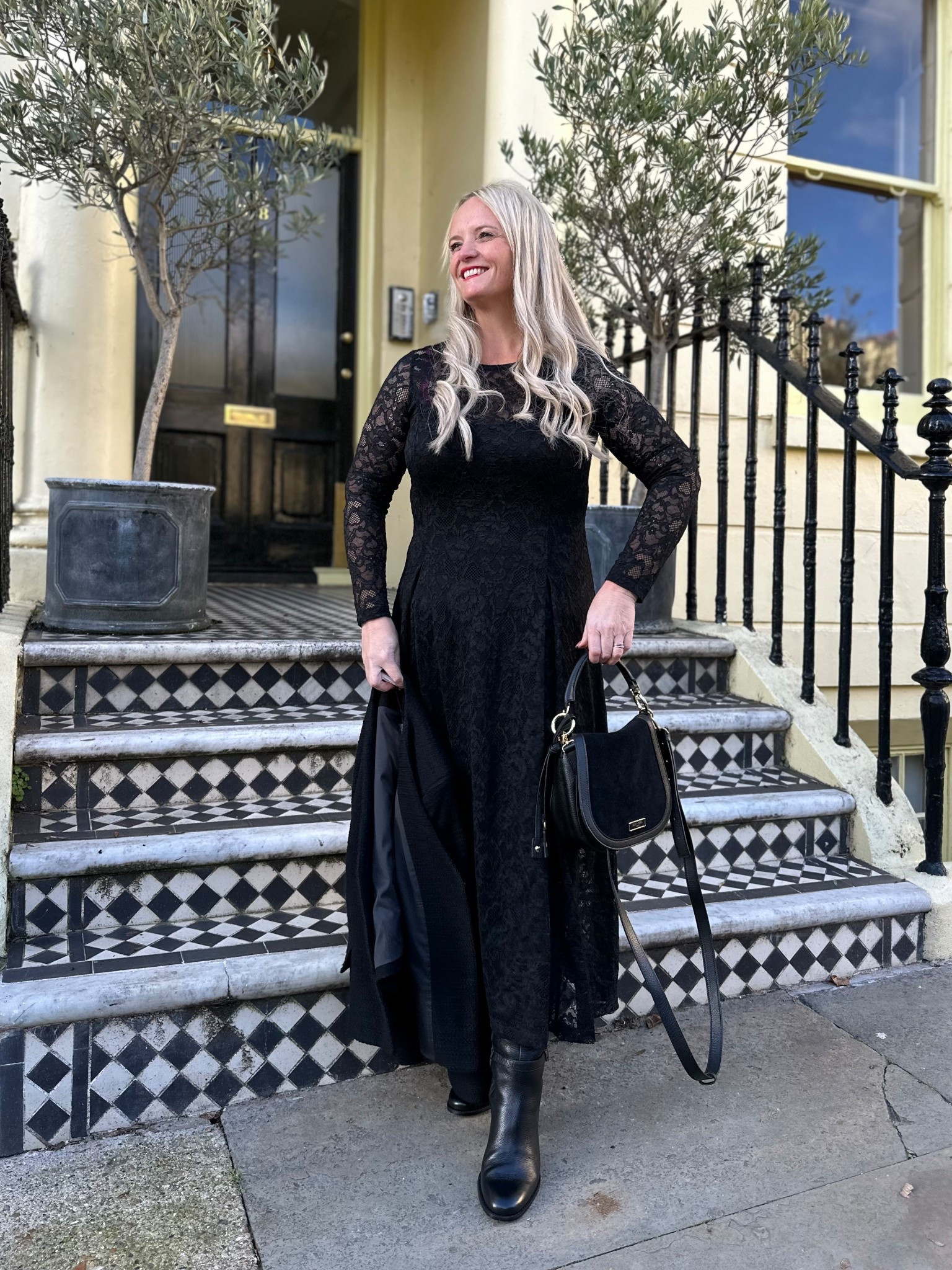 Black lace is definitely having a moment right now isn’t it and I’m absolutely here for it 🖤
I’m wearing the beautiful Lana Pleated Dress from @saintandsofia. I love the A-line full skirt with box pleats and the nipped in waist gives it a such a flattering shape. 
My jacket and saddle bag are also from Saint + Sofia.

#LTKmidsize #LTKdatenight #LTKdresses