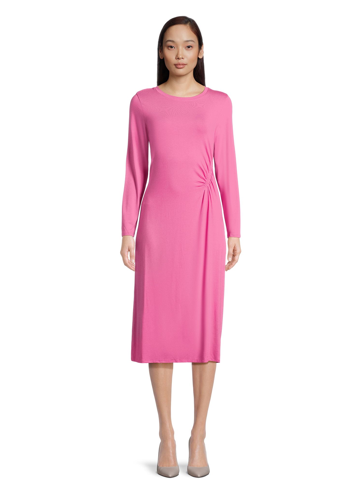 Time and Tru Women’s Rouched Midi Dress with Long Sleeves, Sizes XS-XXXL | Walmart (US)