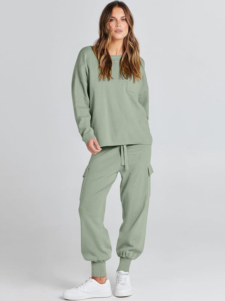 Caracilia Women's Two Piece Outfits Sweater Sets Long Sleeve Knit Pullover Tops and Cargo Jogger Pan | Amazon (US)