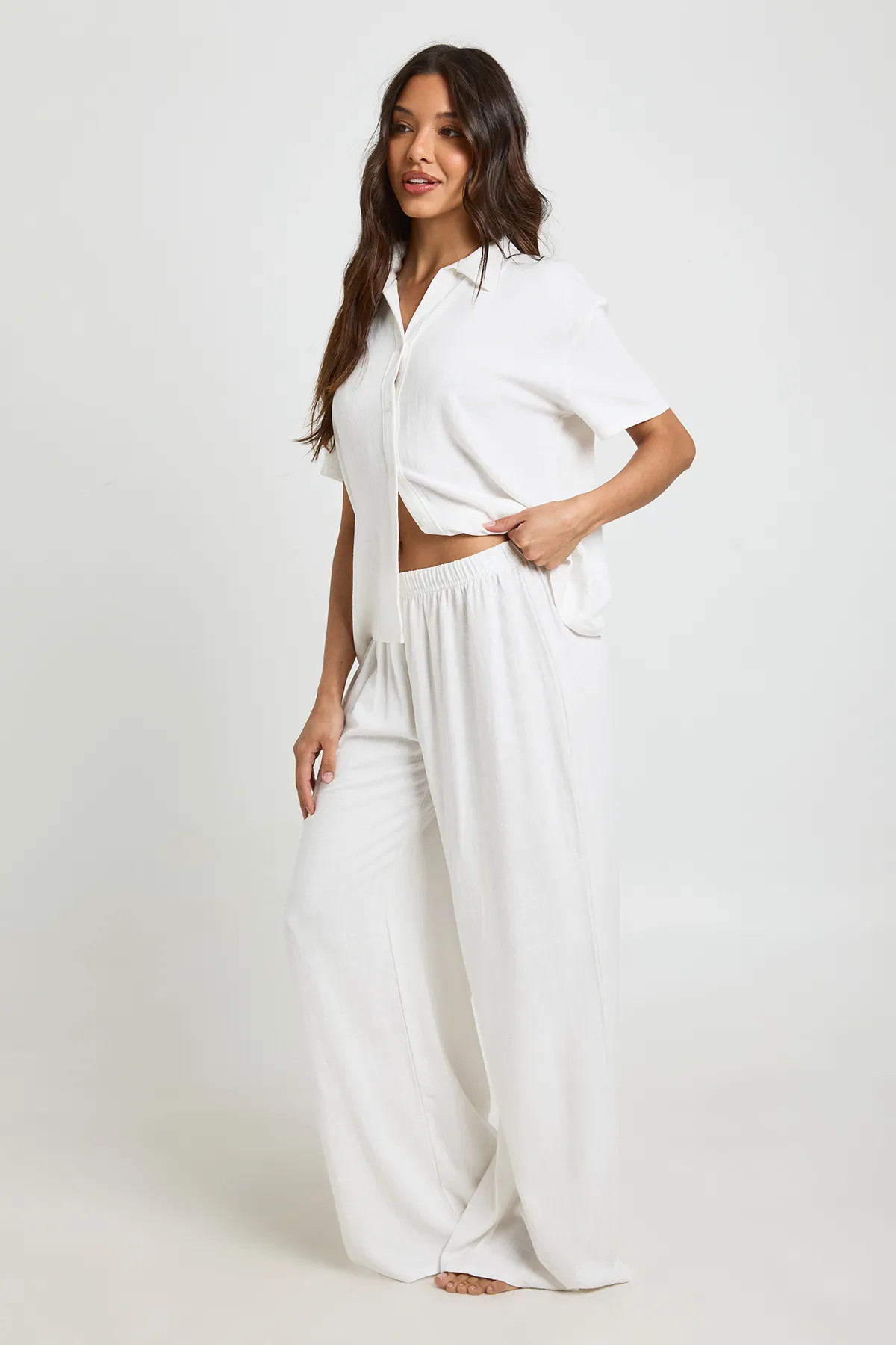 White Linen Look Beach Wide Leg Trousers | Boohoo | Boohoo.com (UK & IE)
