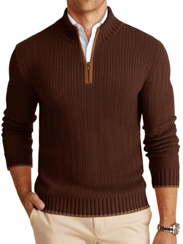 Runcati Mens Quarter-Zip Pullover Sweater Casual Mock Neck Knitted Winter Warm Ribbed Polo Sweaters Coffee | Amazon (US)