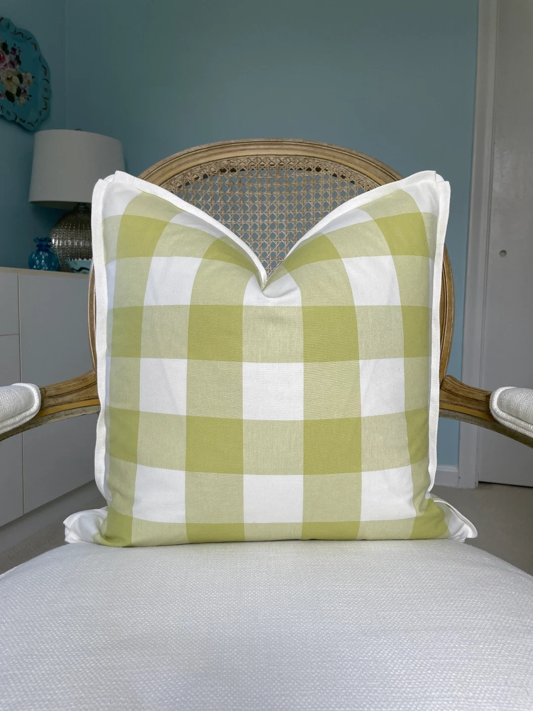 100% Cotton Check in Chartreuse/lime and Ivory Both Sides Pillow Cover Finished With a 1/2” Ivo... | Etsy (US)