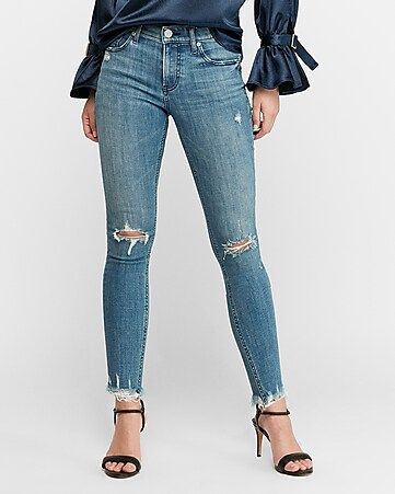 High Waisted Hyper Stretch Ripped Raw Hem Jean Ankle Leggings | Express