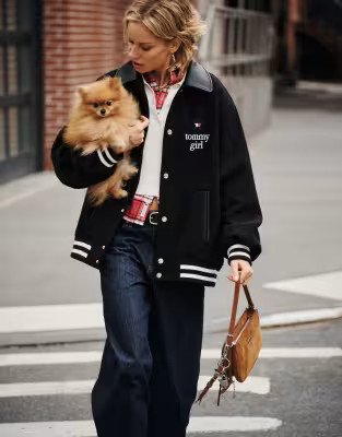 Tommy Jeans Tommy Girl wool varsity jacket with contrast collar in black | ASOS (Global)