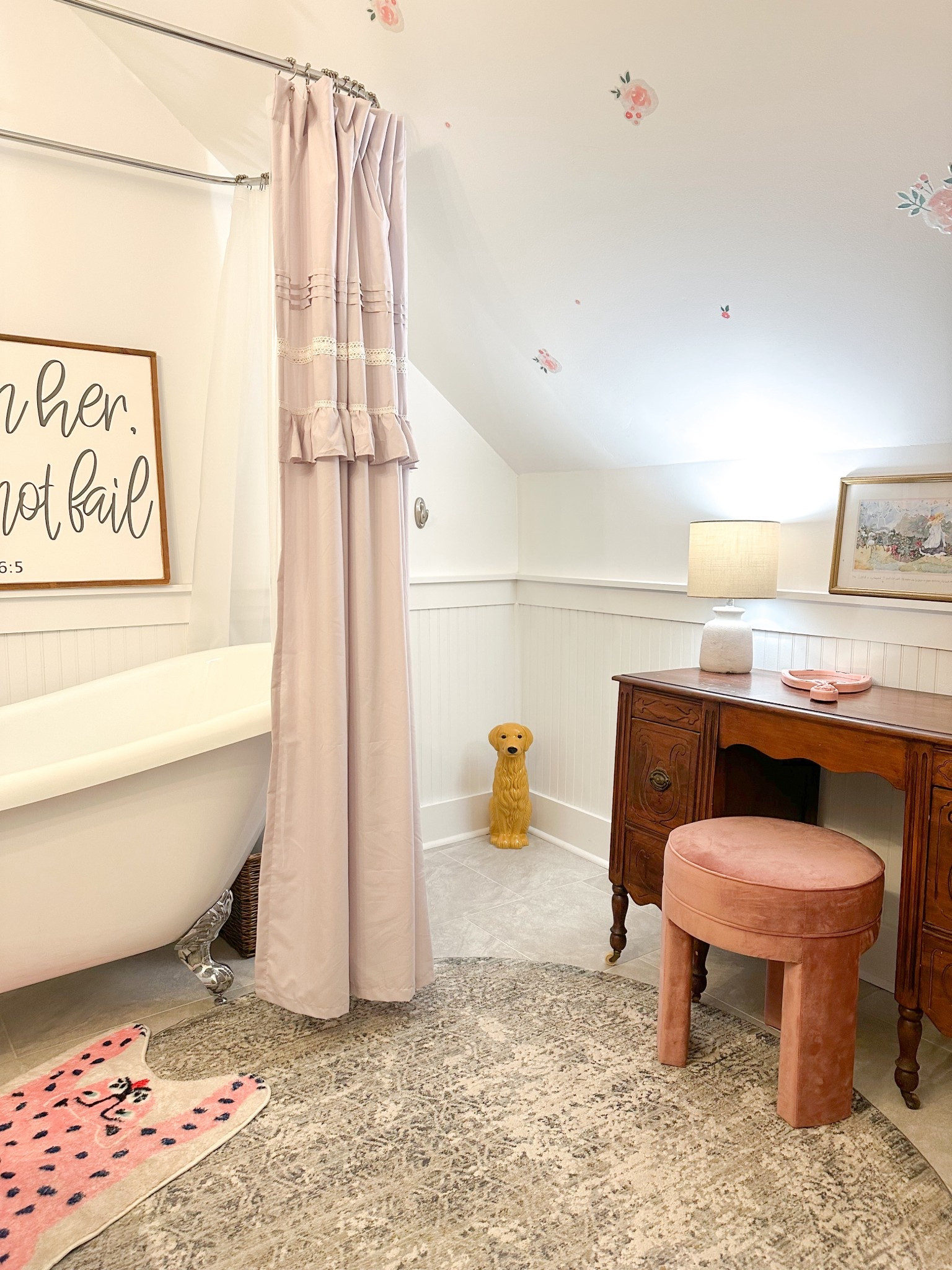 Girls bathroom details, round rug, animal rug, golden retriever toilet brush holder 

#LTKFindsUnder100 #LTKHome #LTKSaleAlert