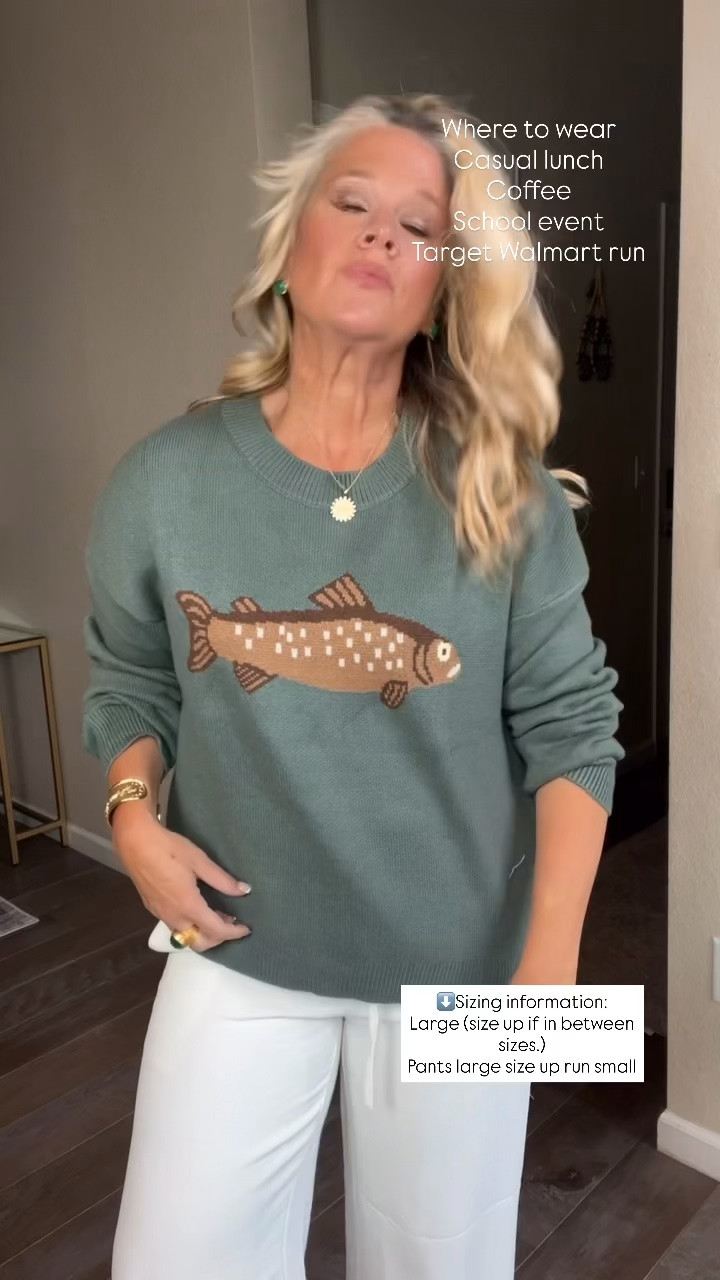 ✨Tap the bell, save and ❤️ start here over 40 fashion, midlife style, midsize fashion and luxury looks for less.  

This fish sweater is worth it! 

Places to wear:
1. Grocery store
2. Target or Walmart run
3. Coffee with a friend
4. Casual lunch
5. School pickup or drop-off

👑 Helping you look good, feel good.-Lindsey Denver   Check back daily for belly-friendly style, confidence, and Outfit Physics™.

#LTKOver40 #LTKMidsize #LTKPlusSize