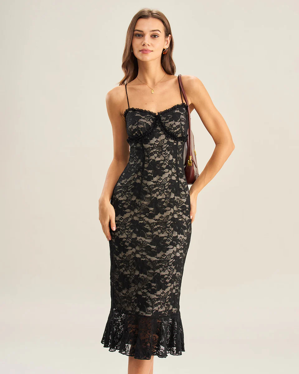 Black Lace Mermaid Slip Midi Dress & Reviews - Black - Dresses | RIHOAS | rihoas.com