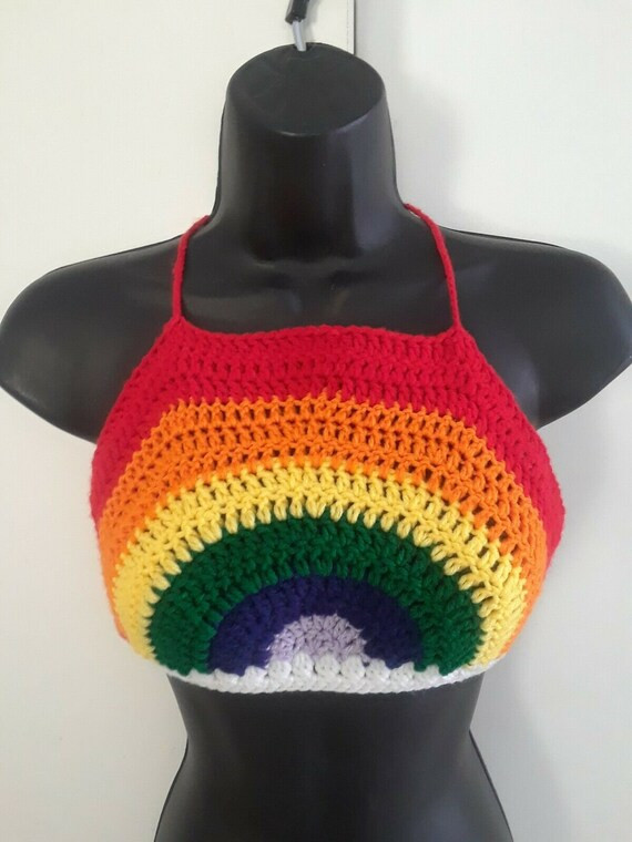 New Hand Crochet "Pride" Rainbow Halter Tank Crop Top One Size Summer Free Ship | Etsy (US)
