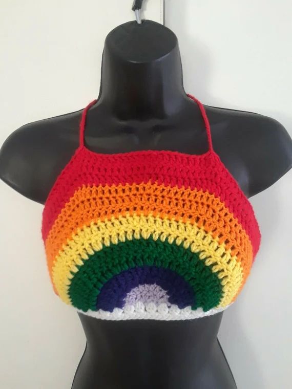 New Hand Crochet "Pride" Rainbow Halter Tank Crop Top One Size Summer Free Ship | Etsy (US)