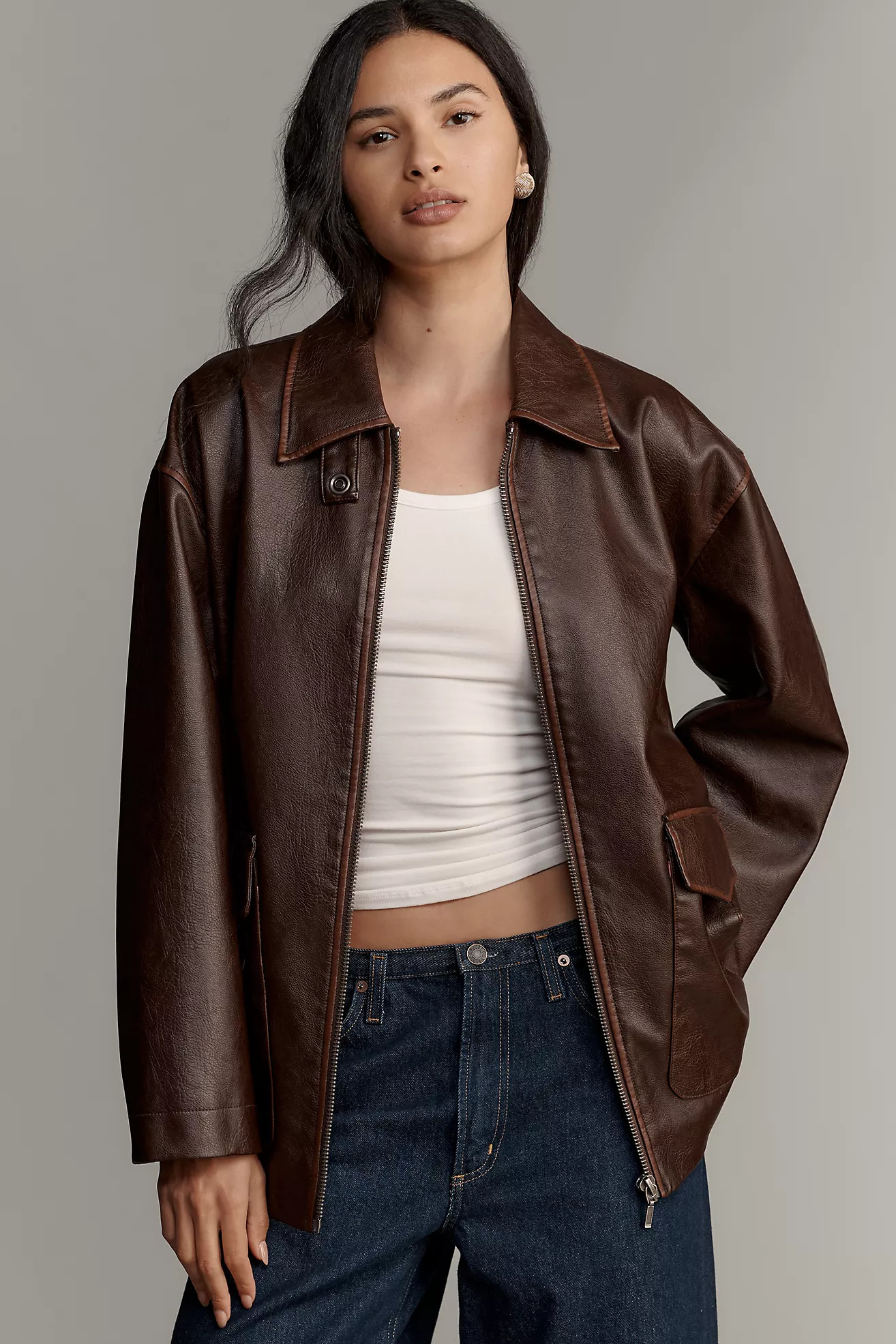 Pilcro Sofia Faux Leather Long Bomber Jacket | Anthropologie (US)