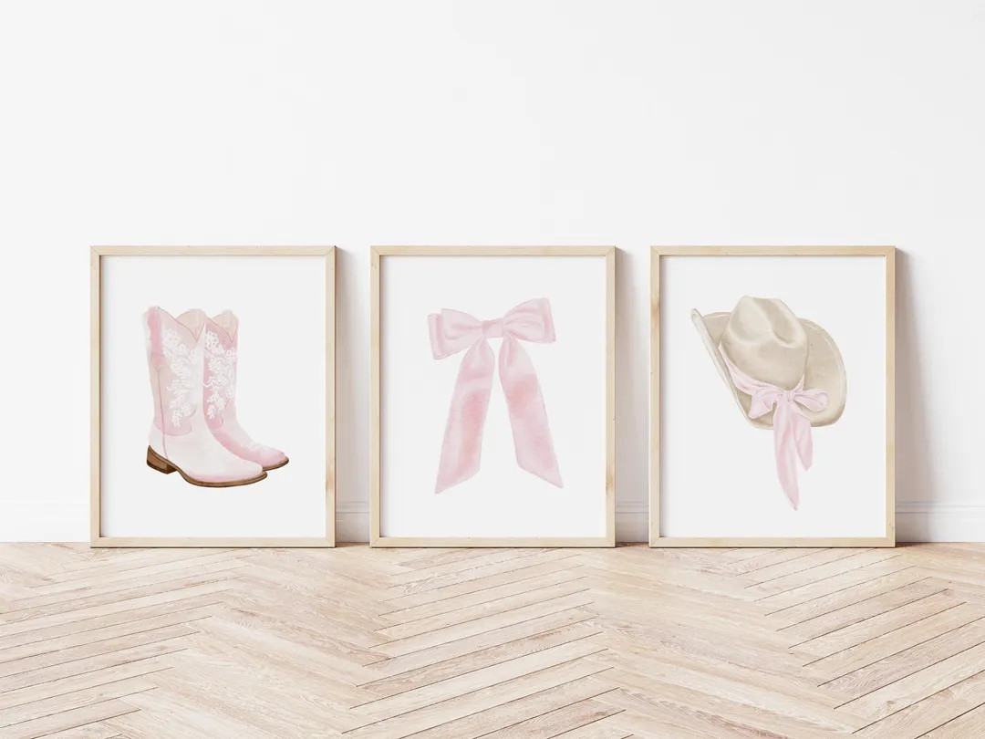 Pink Cowgirl Set of 3 Prints, Girly Western Nursery Wall Art, Pink Cowgirl Hat and Boots, Coquett... | Etsy (US)