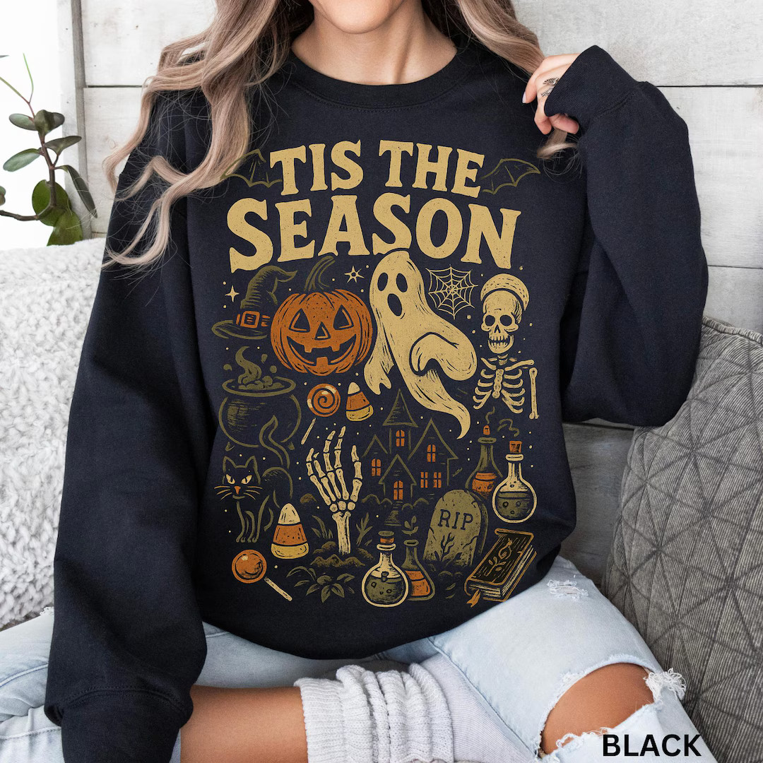 Retro Halloween Sweatshirt, Tis' the Season, Vintage Halloween Aesthetic, Women's Halloween Shirt... | Etsy (US)