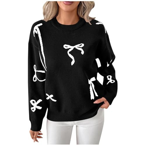 Women Bow Sweater Casual Crew Neck Long Sleeve Pullover Sweaters y2k Lightweight Knitted Jumper Tops Winter Clothing Black Valentine Sweaters for Women 2026 M | Amazon (US)