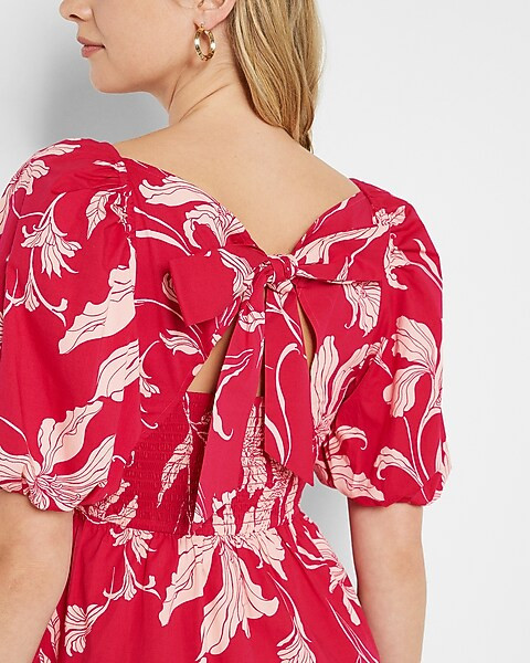 Printed Square Neck Puff Sleeve Tiered Trapeze Dress | Express
