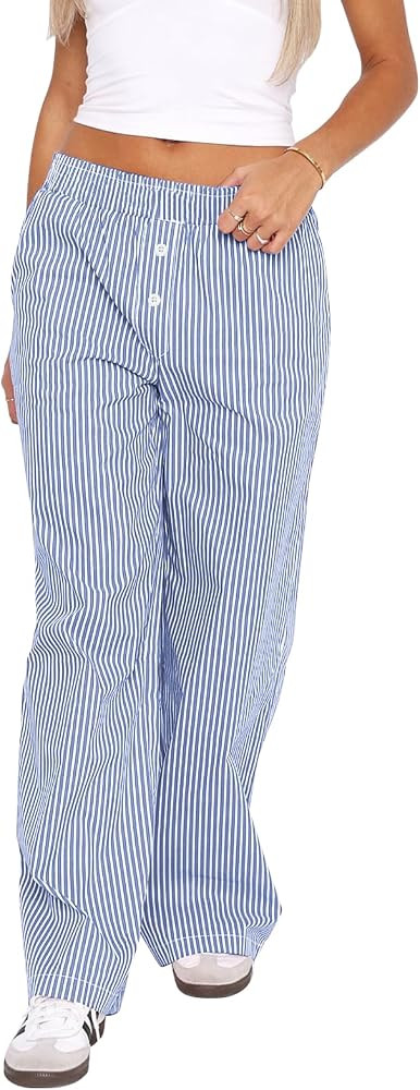 Balimtoy Women Y2k Striped Pajamas Lounge Boxer Pants Casual Elastic Waist Wide Leg Loose Trouser... | Amazon (US)