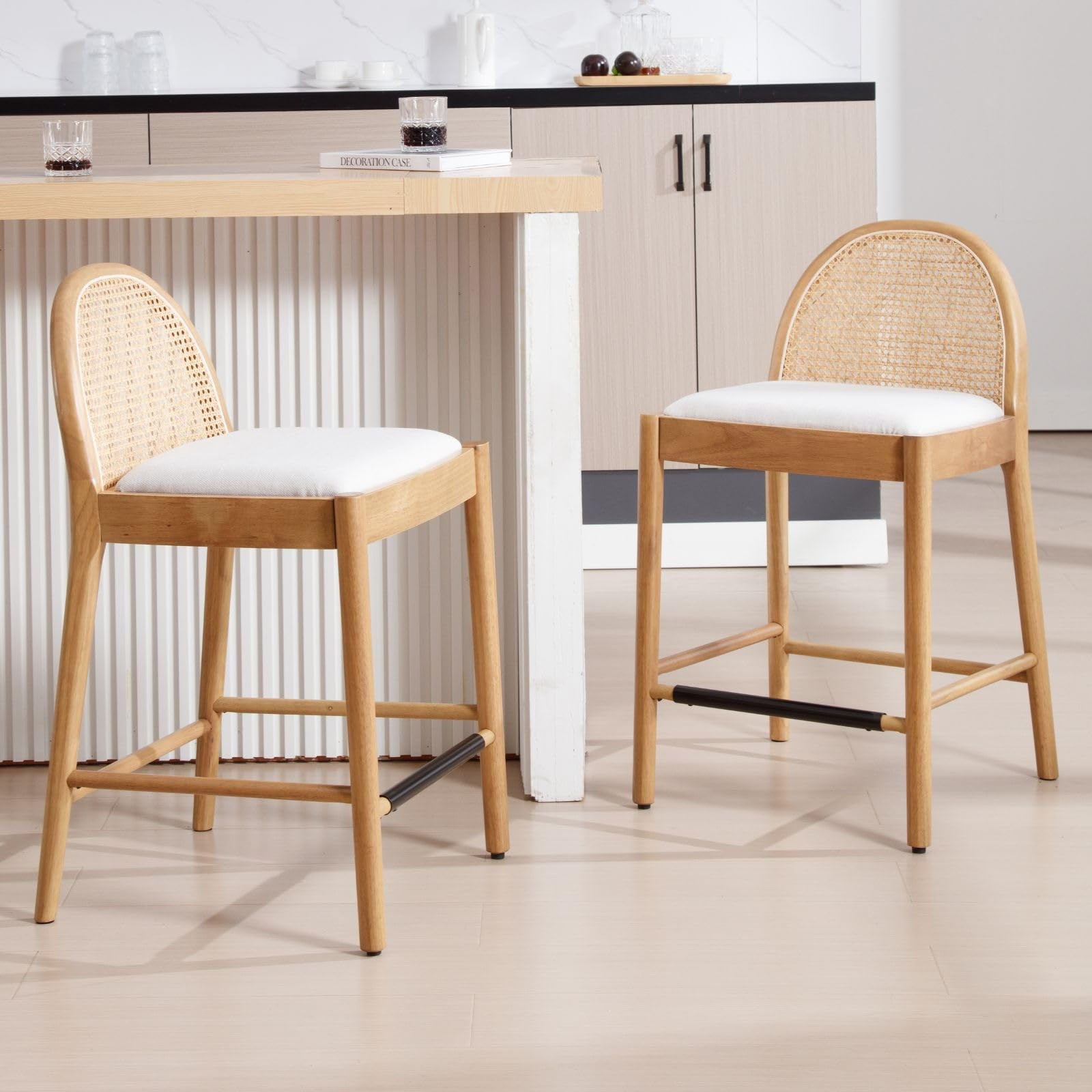 LukeAlon Modern Linen Counter Stools Set of 2, 26" Seat Height Low Bar Stools with Wooden Legs Na... | Amazon (US)