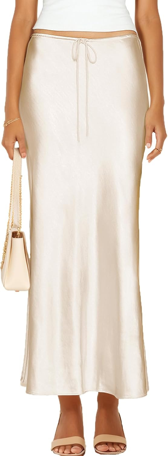 Womens Satin Silk Maxi Skirts Drawstring Casual A-Line Long Skirt | Amazon (US)