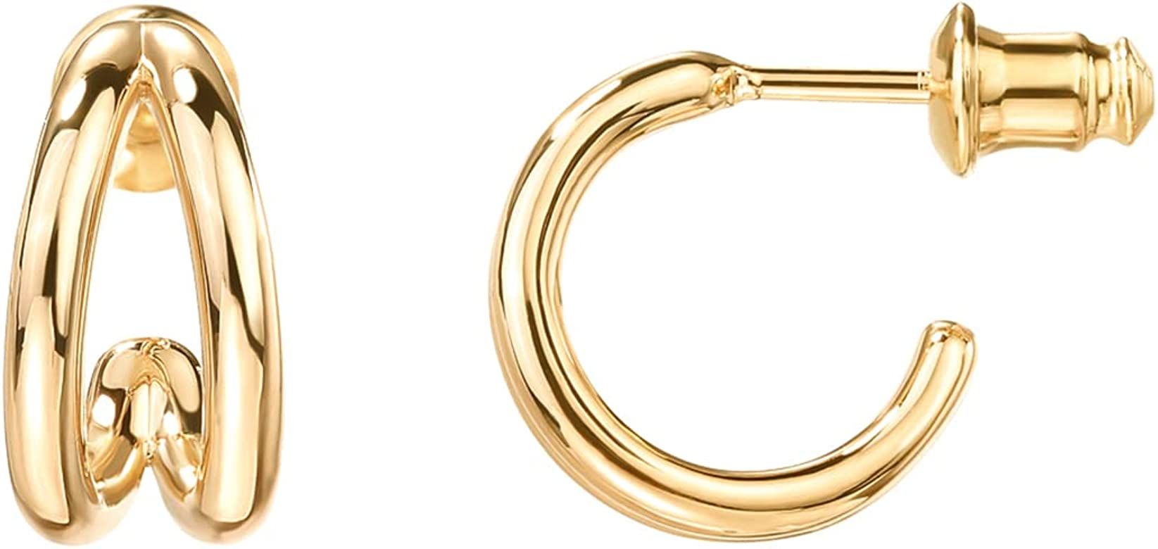 PAVOI 14K Gold Plated Sterling Silver Split Hoop Huggie Earrings in Rose Gold, White Gold and Yellow | Amazon (US)
