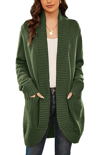 Green Cardigan Sweater for Women Long Sleeve Open Front Knitted Sweater Shawl Collar Cardigan Office Daily Wear(Army Green,M) | Amazon (US)