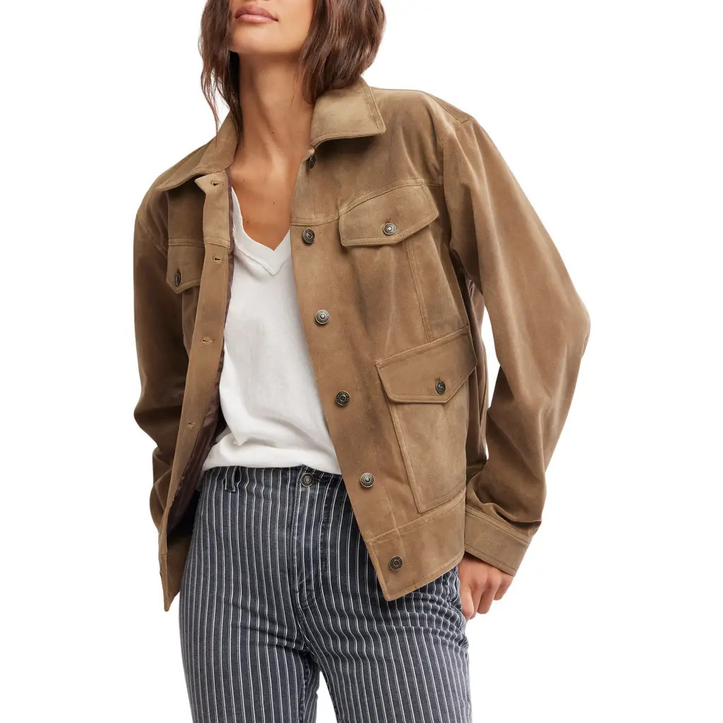Free People Night Ranch Faux Suede Trucker Jacket in Antique Bronze at Nordstrom, Size X-Small | Nordstrom