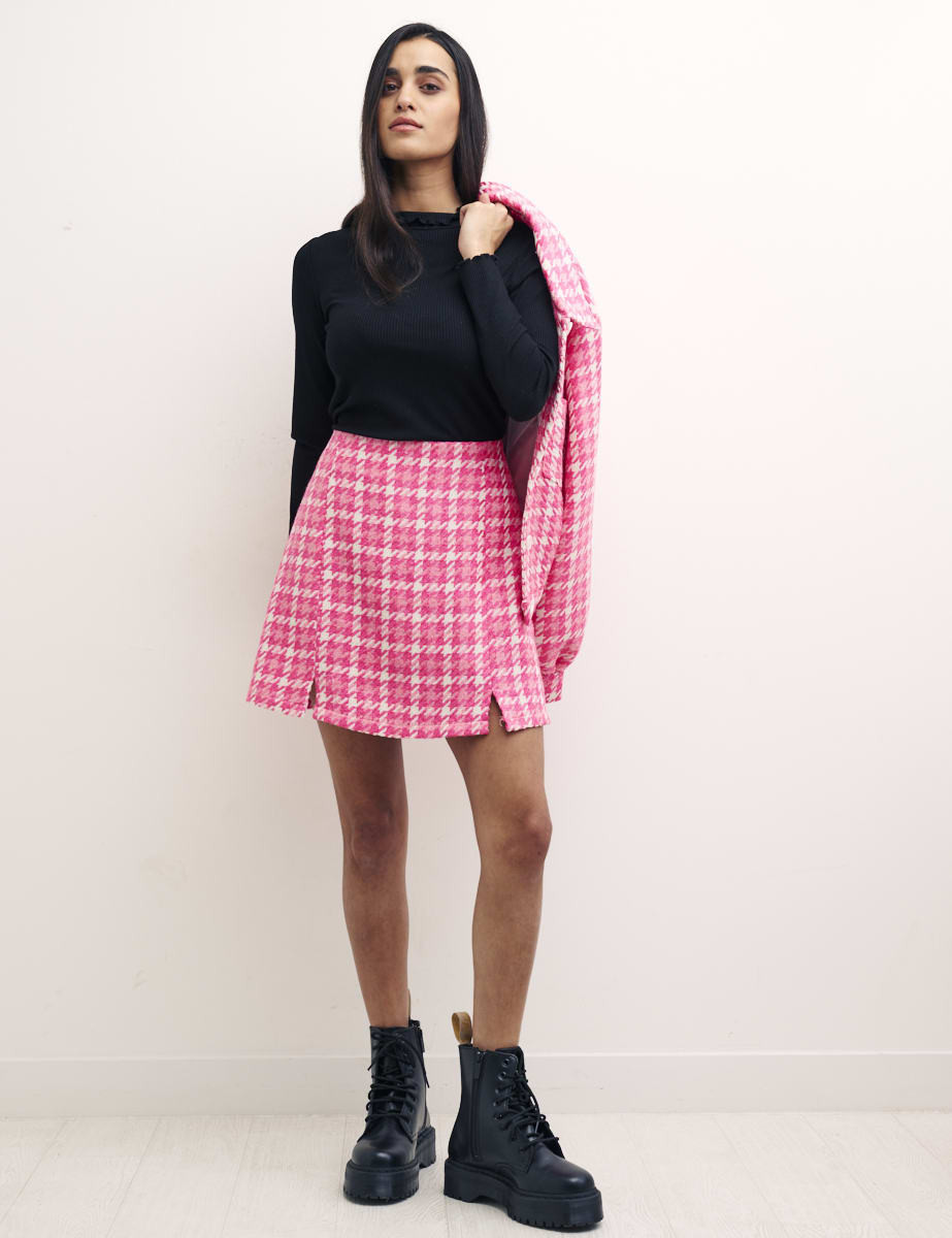 Pink Dogtooth Check Pearl Mini Skirt | Nobody's Child