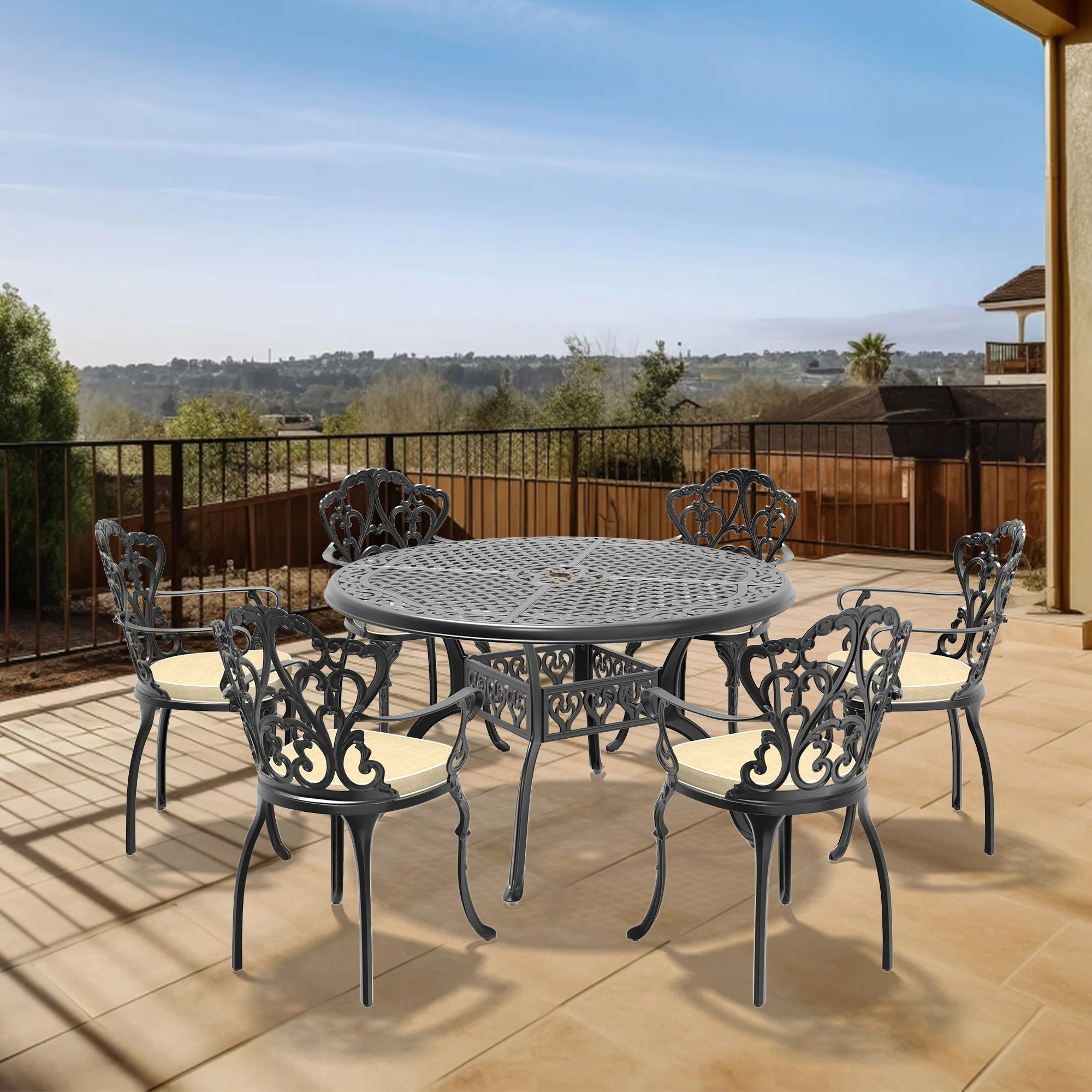 Elegant 7-piece Patio Dining Set, Cast Aluminum Black Frame | Wayfair North America