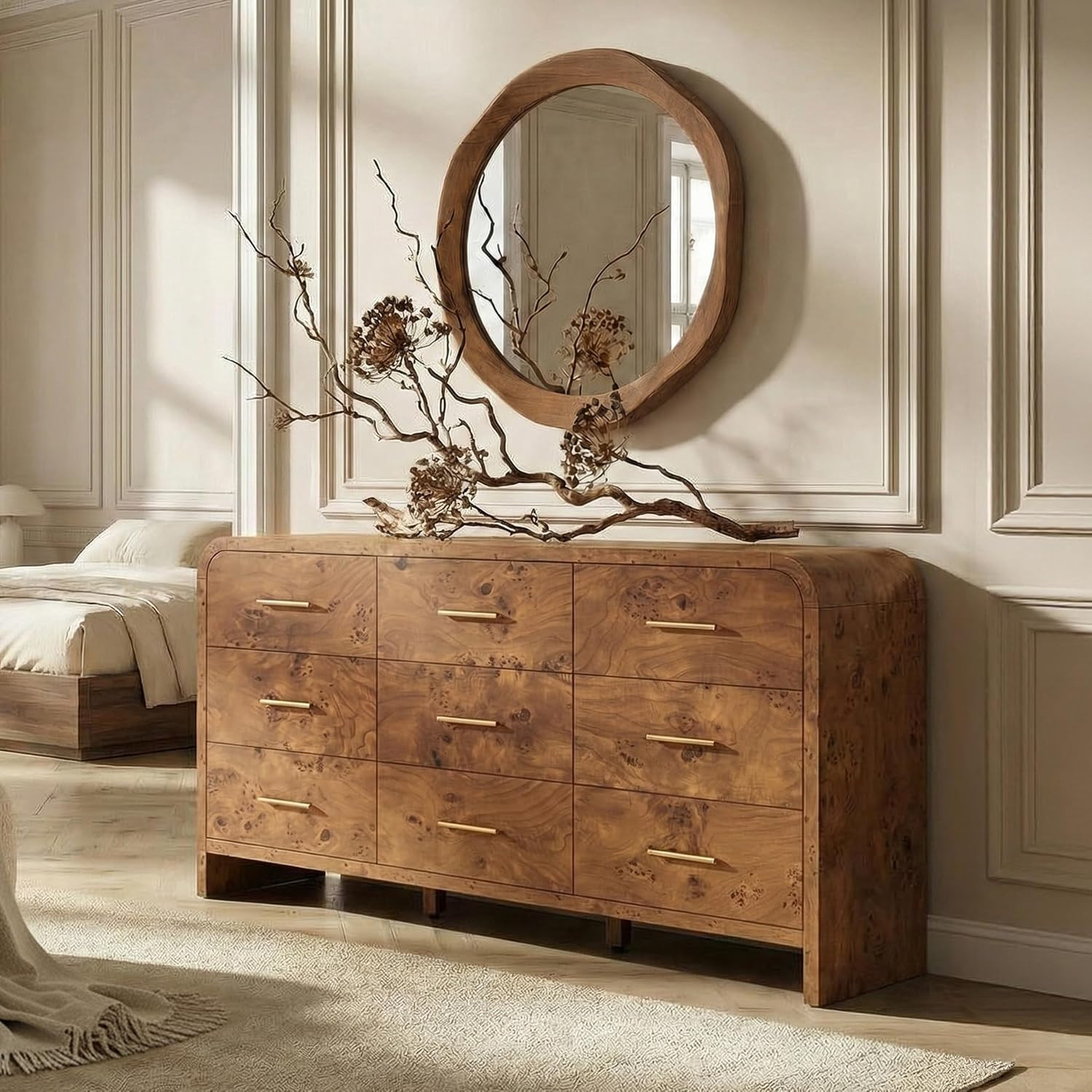Curved 9-Drawer Dresser for Bedroom, 63" Wide Modern Chest of Drawers, Vanity Desk TV Stand for Living Room, Closet Storage Drawers Organizer Furniture, Nursery, Hallway, Dark Burl | Amazon (US)