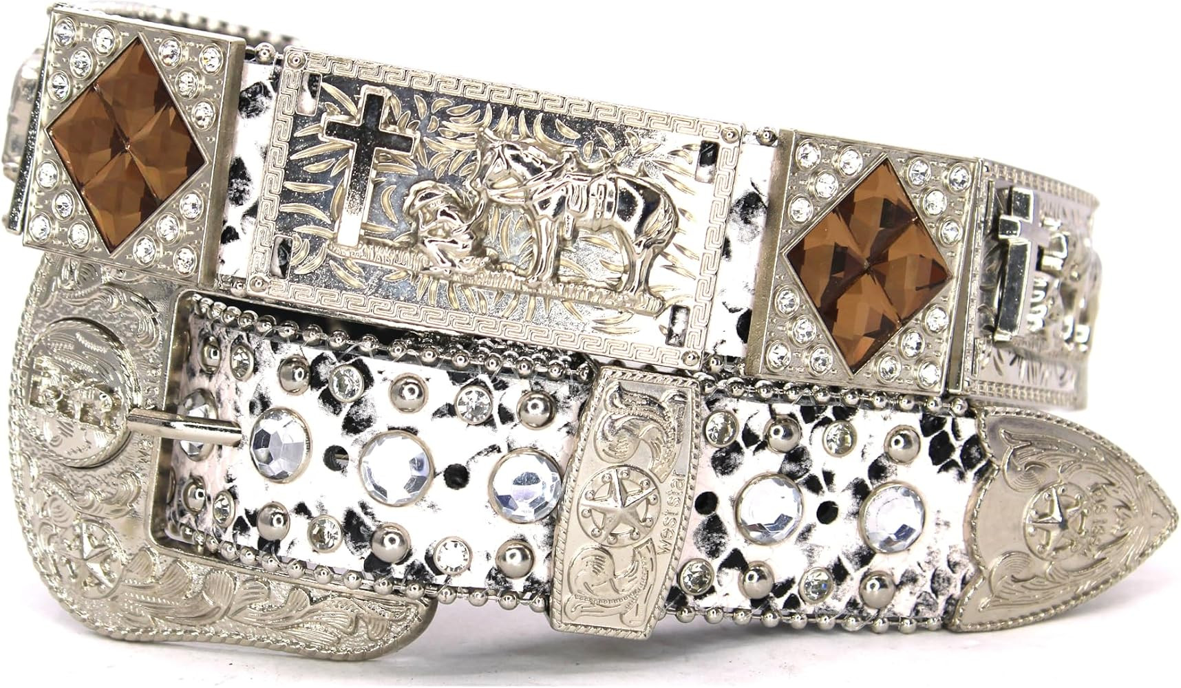 Genuine Leather Belt for Women & Cowboy Big Rhinestone With Engraved Buckle Country Style Silver | Amazon (US)