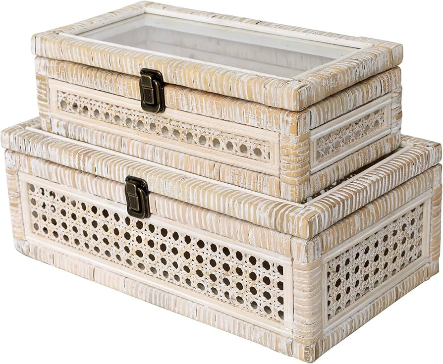 Rattan and Cane Stacking Boxes with Glass Top Lid - Set of 2 11.8" and 14.1", for Boho and Rustic... | Amazon (US)