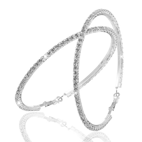 Large Rhinestone Hoops, Crystal Rhinestone Hoop Earrings, Sparkly Big Hoop Earrings, Women Party Dance Fashion Jewelry for Sensitive Ears, Silver | Amazon (US)