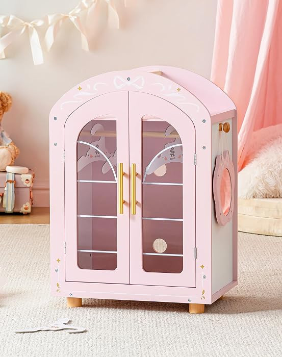 ROBUD Wooden Baby Doll Closet, Doll Wardrobe Closet for 18 Inch Dolls with Mirror, 3 Hangers, Pin... | Amazon (US)