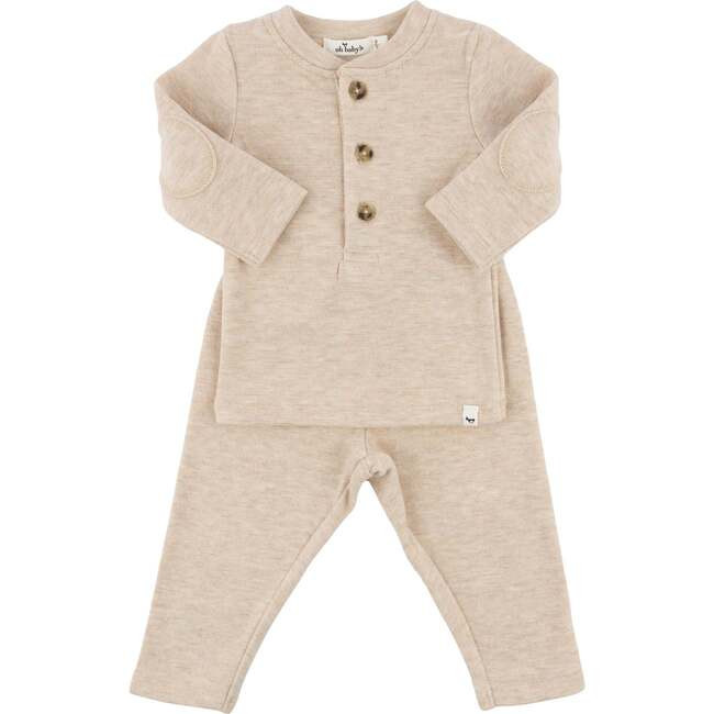 Mini Honeycomb Henley Elbow Patch 2pc Set, Sand | Maisonette