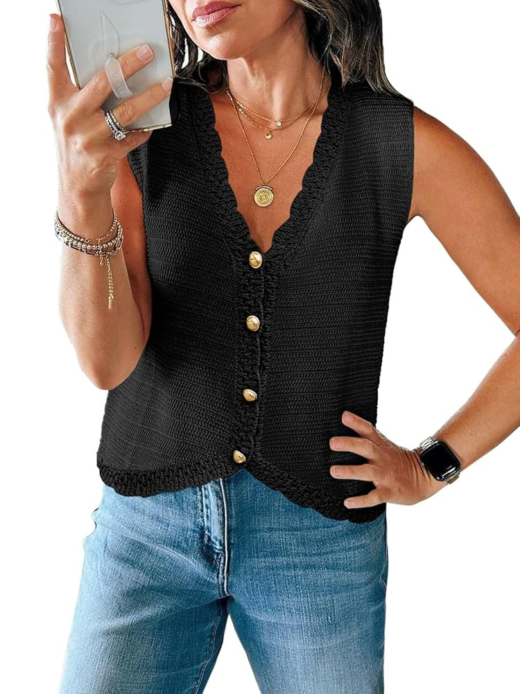 Saodimallsu Womens Sleeveless V Neck Sweater Vest Cropped Button Down Crochet Casual Loose Knit S... | Amazon (US)