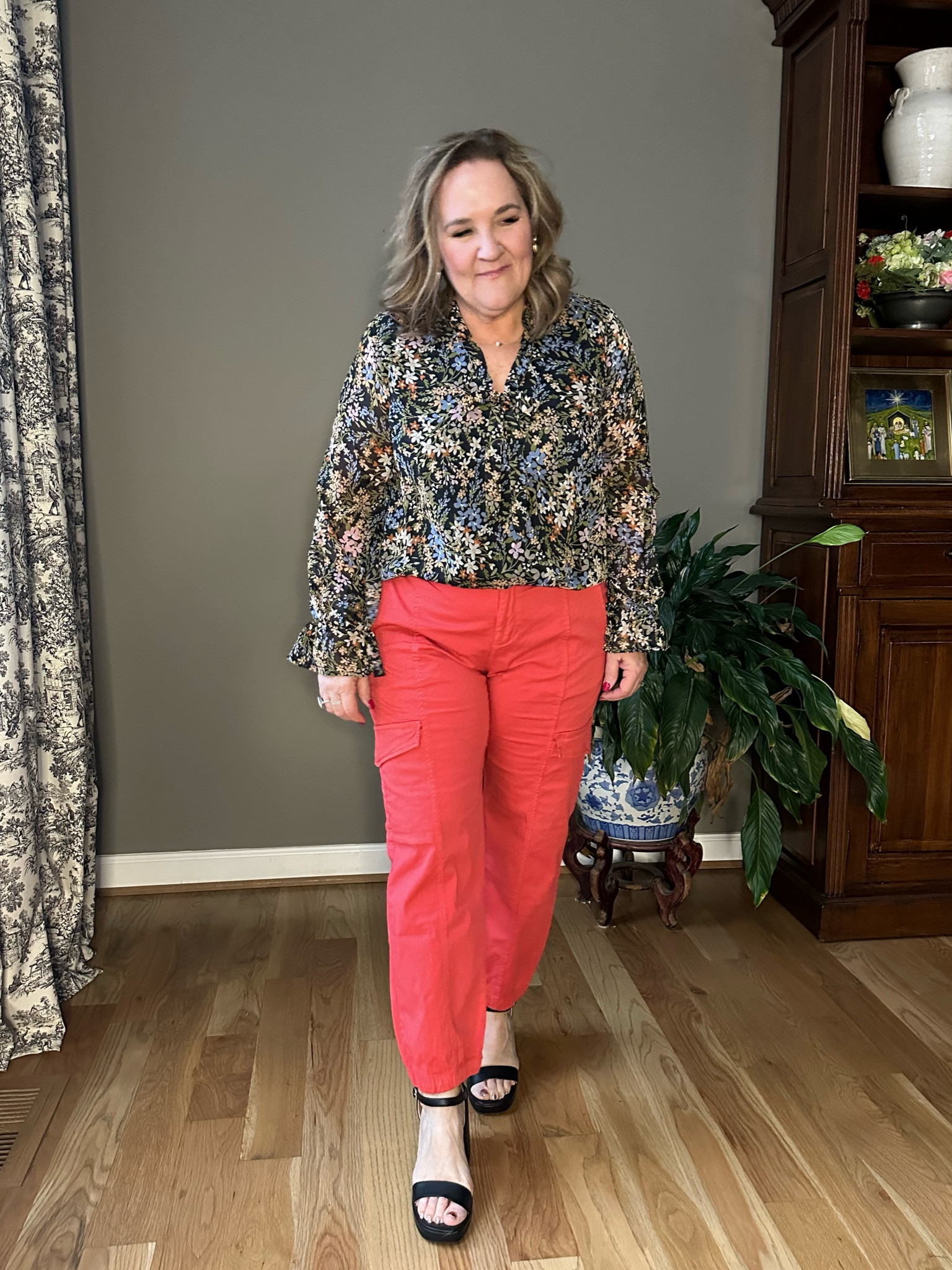Wear your utility cargo pants elevated. Travel in them with sneakers and then wear them on vacation with a pretty blouse. 
Blouse size L
Pants size 32
10% off code NANETTE10

#LTKfindsunder100 #LTKstyletip #LTKover40