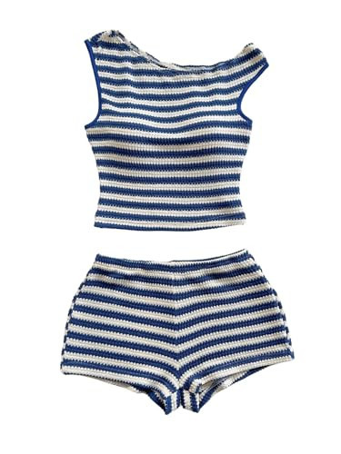 SOLY HUX Women's 2 Piece Striped Off The Shoulder Crop Tops and Mini Shorts Set Summer Y2K Going Out Outfits Blue and White Striped Small | Amazon (US)