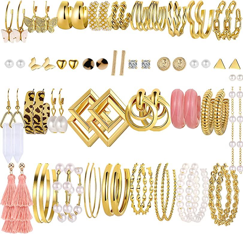Gold Hoop Earrings Set for Women Girls, 35 Pairs Trendy Pearl Hoop Earrings Pack, Fashion Boho M... | Amazon (US)