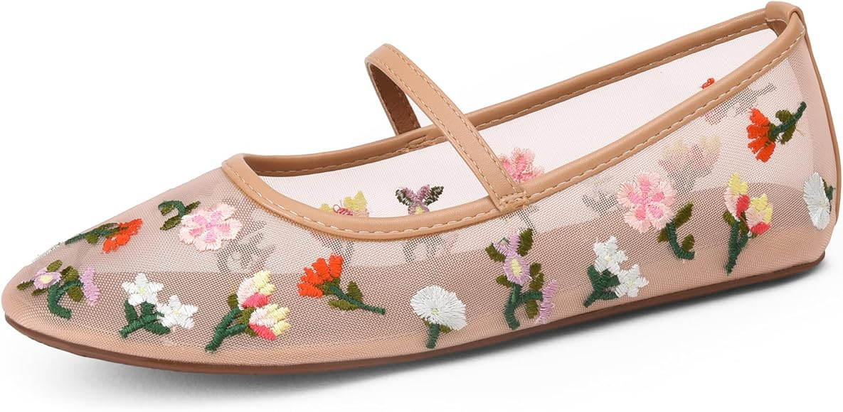 Mesh Flats for Women Mesh Ballet Flat Shoes for Dressy Office Ballerinas Mary Jane Flats with Emb... | Amazon (US)