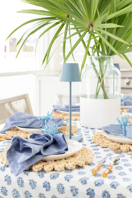 *My favorite cordless table lamp set is 30% off today with the current coupon* loving our coastal blue block print tablescape! Includes a blue block print tablecloth, slate blue cordless rechargeable LED lamps, blue napkins, raffia chargers, coral napkin rings, bamboo style flatware and a block print vase!
.
#ltkhome #ltkseasonal #ltksalealert #ltkstyletip #ltkholiday coastal holiday tablescape, thanksgiving tablescape ideas #ltkfindsunder100 #ltkfindsunder50

#LTKsalealert #LTKhome #LTKSeasonal