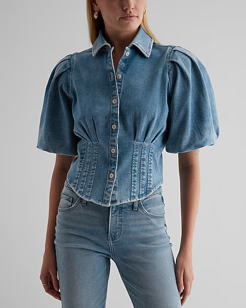 Denim Puff Sleeve Corset Button Up Shirt | Express