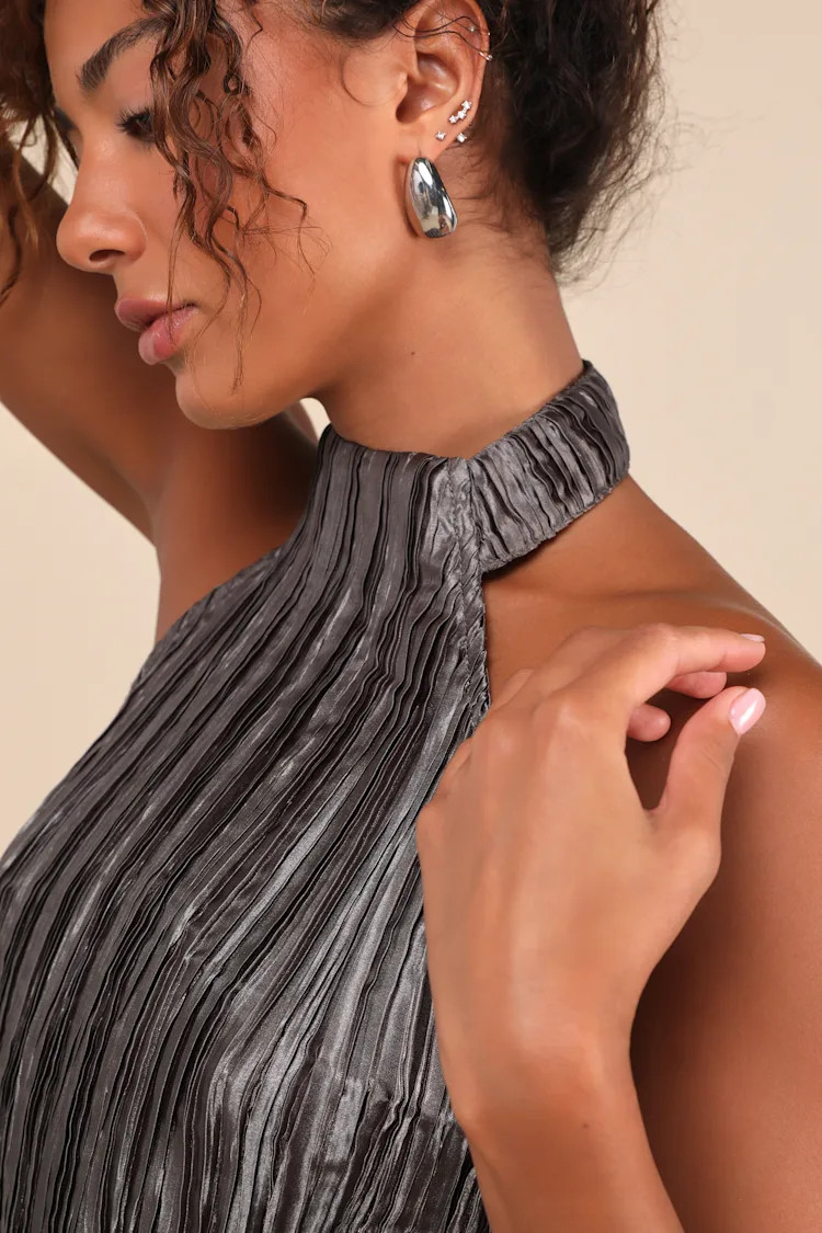 Mikado Dark Grey Plisse Asymmetrical Halter Top | Lulus