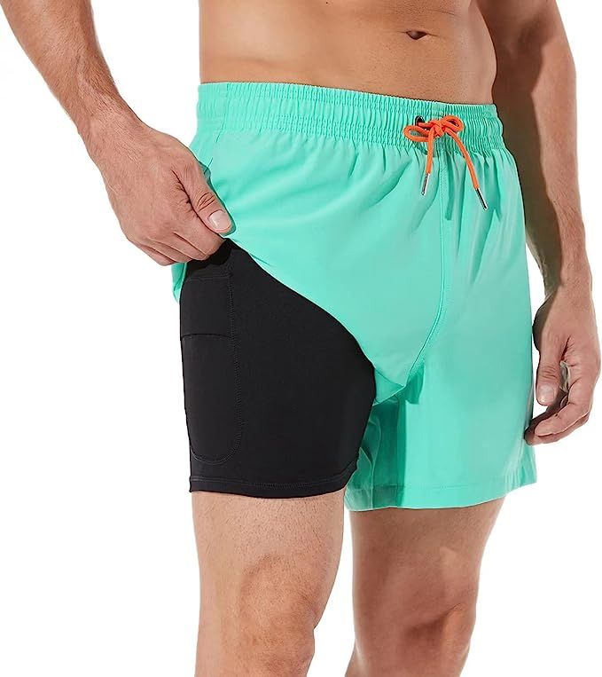 BRISIRA Swim Trunks Men Swim Shorts Quick Dry 5 inch Inseam Beach Shorts with Compression Liner a... | Amazon (US)