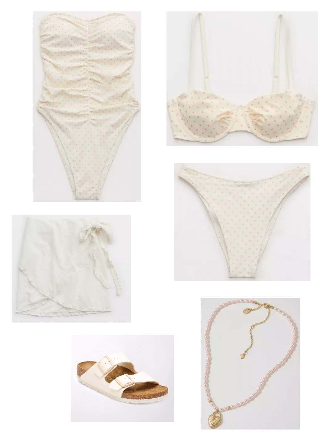 New Aerie spring swim just dropped and this neutral set is perfect for spring break ☀️
Soft cream tones, delicate pink details, and easy beach accessories make this the ultimate vacation outfit. The ruched one-piece and polka dot bikini are so flattering, and the wrap skirt and sandals complete the look.

#LTKTravel #LTKootd #LTKU