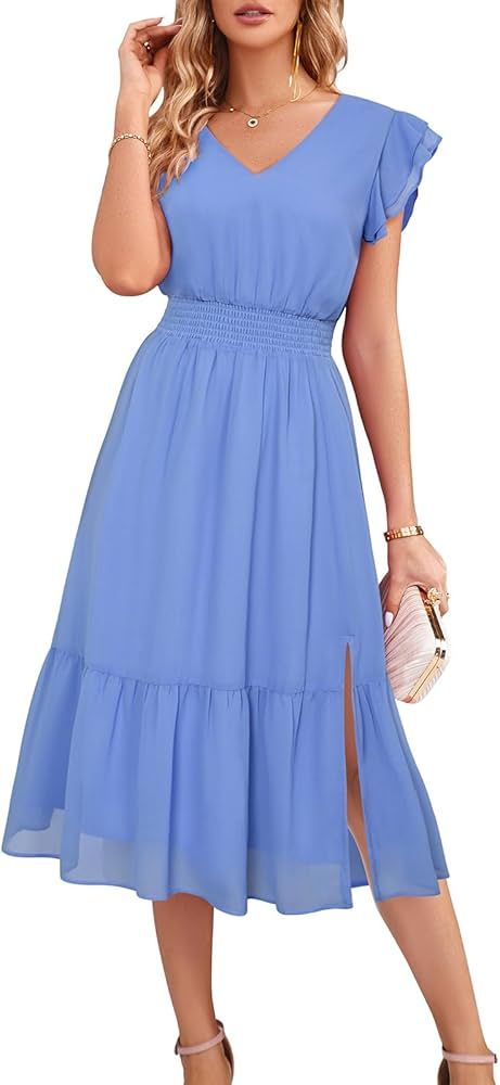 GRACE KARIN Women's V Neck Ruffle Sleeve Summer Dress 2024 Split Flowy Tiered Midi Dress Wedding ... | Amazon (US)
