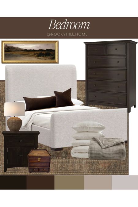 Bedroom mood board, Upholstered bed under $800, cabinet nightstands, tall dresser, brown lumbar pillow, colonial jewelry box, panoramic landscape, over the bed art, linen bedding 

#LTKstyletip #LTKfindsunder100 #LTKhome