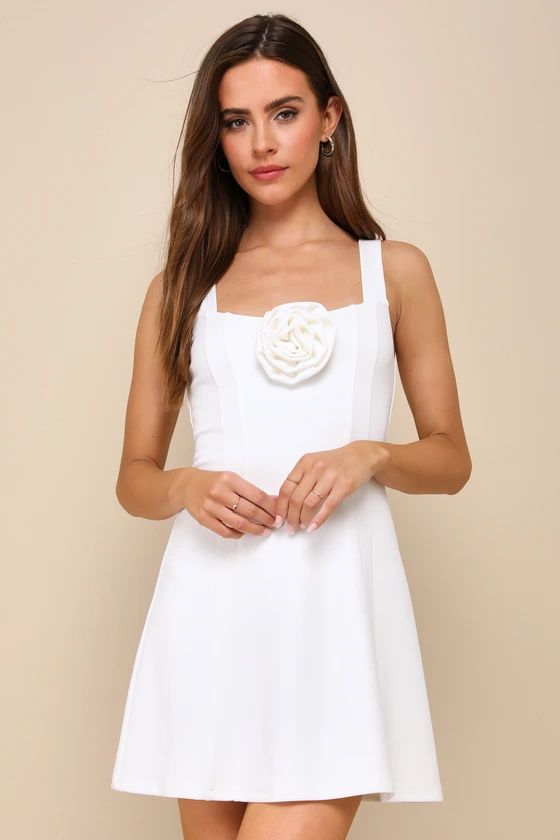 Irreplaceable Cutie White Rosette Sleeveless A-Line Mini Dress | Lulus